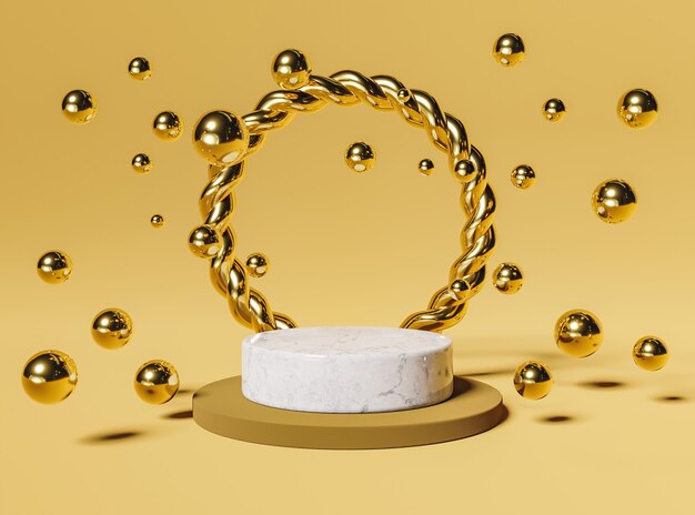 Marmorpodest mit goldenem ring und kugeln für die produktpräsentation