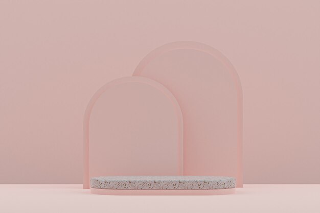 Marmorpodest oder leerer Produktstand im minimalistischen Stil auf rosafarbenem Hintergrund für die Präsentation von kosmetischen Produkten.
