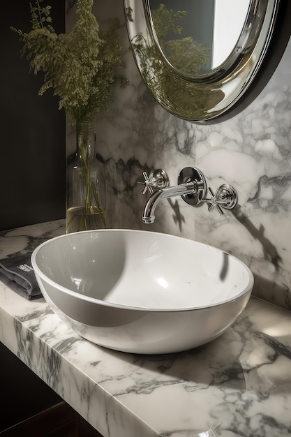 Marmorwaschbecken mit silberner Armatur, Nahaufnahme der Innenarchitektur des Badezimmers, ai generativ