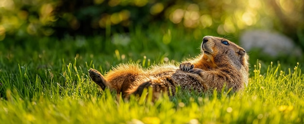 una marmota acostada sobre su espalda en primavera