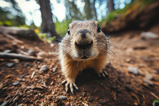 La marmota amistosa emerge de su madriguera