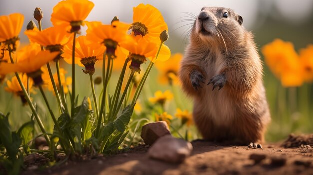 Marmota ao amanhecer perto da flor brilhante da primavera de pé em seus pés traseiros à procura de sombra