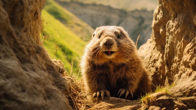 marmota de cerdo de tierra con fondo de hierba