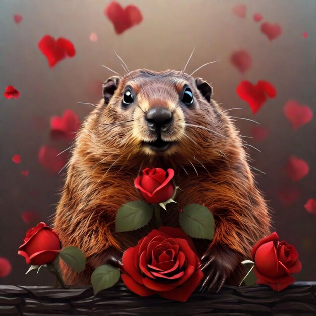 Foto marmota com rosas vermelhas