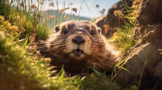 Foto marmota de porco de terra com fundo herboso