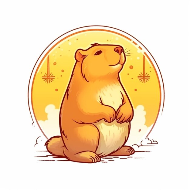 marmota de dibujos animados sentada frente a un círculo amarillo con estrellas generativa ai