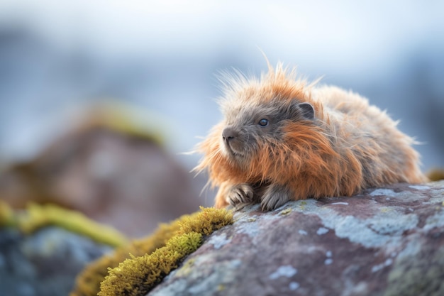 Marmota fofa numa rocha dentada banhada pelo sol