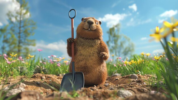Una marmota linda está de pie en un campo de flores tiene una pala y sonríe el sol brilla y el cielo es azul