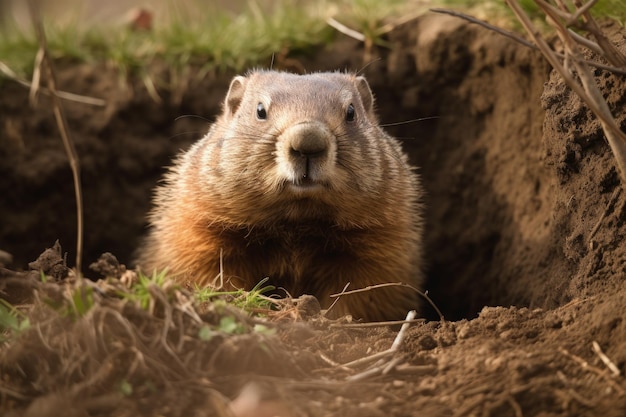 Una marmota mirando desde un agujero en el suelo IA generativa