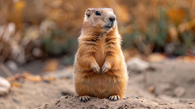 Una marmota de pie en sus patas traseras inspeccionando su territorio con una mirada atenta mientras gua