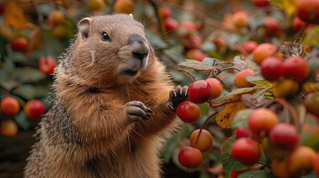 Una marmota de pie en sus patas traseras para llegar a una fruta jugosa que crece en un arbusto sus patas delanteras gra