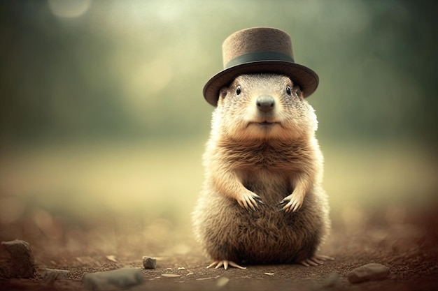 Marmota con sombrero en el Día de la Marmota en el bosque generado por la IA