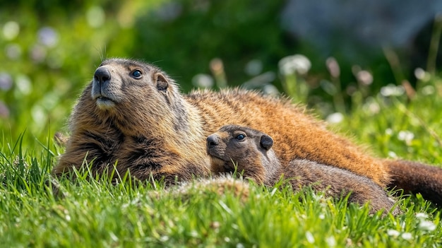 una marmota y su bebé en primavera