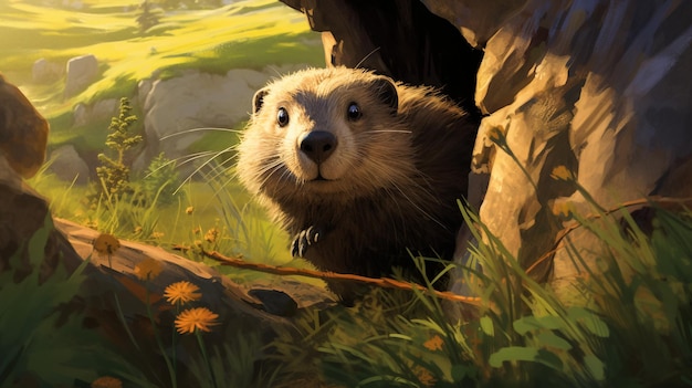 Marmotte mit grasbewachsenem Hintergrund