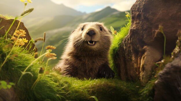 Marmotte mit grasbewachsenem Hintergrund