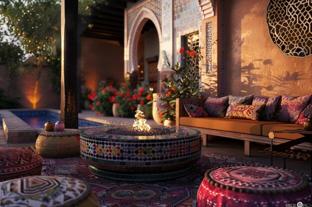 Marockanisch inspirierte Außenlounge mit Mosaikfliesen f