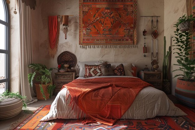 Marockanisch inspirierte Textilien in einem Boho-Schlafzimmer-Oktan