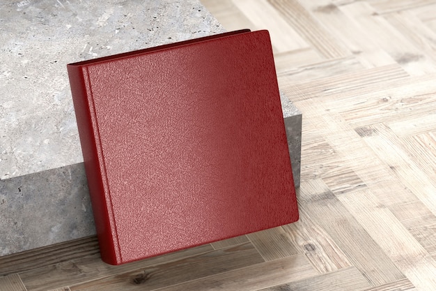 Maroon Buch oder Notizbuch Leder Hardcover Holztisch Bodenfläche, 3D-Render