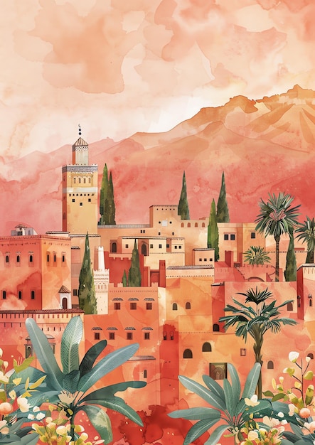 Marrakech Marrocos paisagem aquarela modelo de convite de casamento
