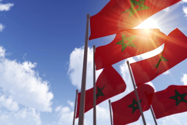 Marruecos banderas ondeando en el viento contra un cielo azul d renderizado