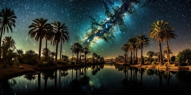 Marruecos Cielo nocturno estrellado del desierto del Sahara sobre un oasis Viajar a Marruecos Resplandor sobre las palmeras del oasis Miles de millones de estrellas en el cielo nocturno