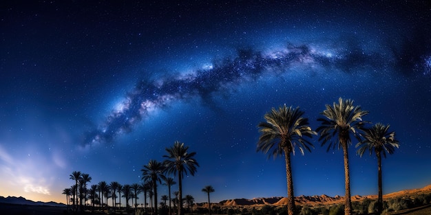 Marruecos Cielo nocturno estrellado del desierto del Sahara sobre un oasis Viajar a Marruecos Resplandor sobre las palmeras del oasis Miles de millones de estrellas en el cielo nocturno