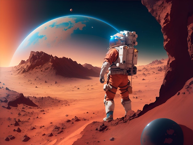 Mars-Collage mit dem Entdecker, der den Planeten entdeckt
