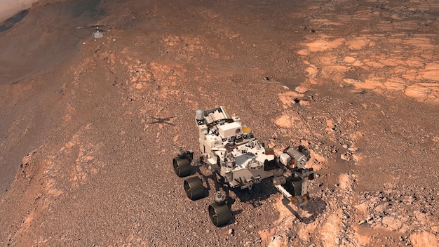 Mars Der Perseverance-Rover setzt seine Ausrüstung vor dem Hintergrund einer echten Marslandschaft ein