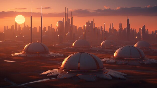 Mars Metropolis Cityscape Futurista com Tecnologia Avançada e Cúpulas no Planeta Vermelho IA Gerativa
