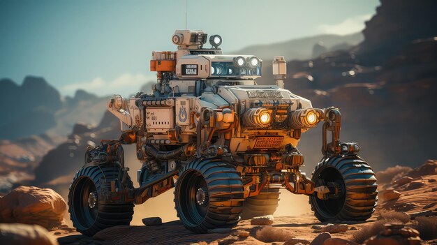 Mars rover explorando o terreno vermelho marciano CGI luz ambiente
