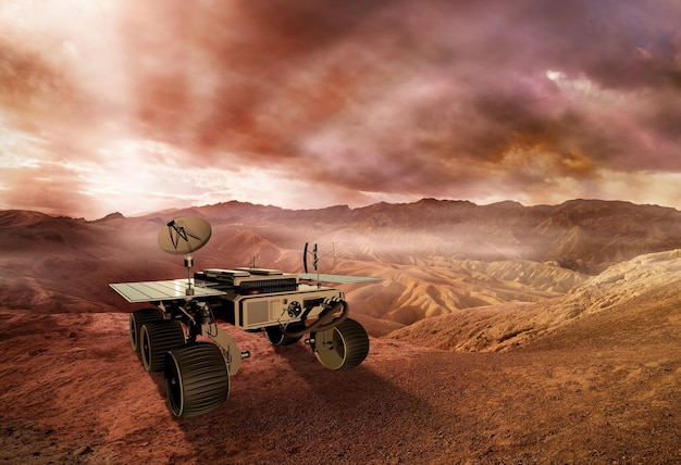 Mars rover explorando la superficie del planeta rojo ilustración 3d
