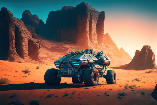 Mars rover durante la misión vehículo espacial futurista en la IA generativa de la superficie del planeta alienígena