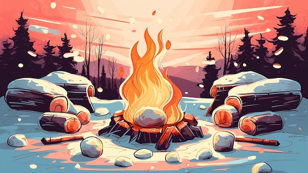 Marshmallow-Braten am Lagerfeuer im Winter Poster Generative KI