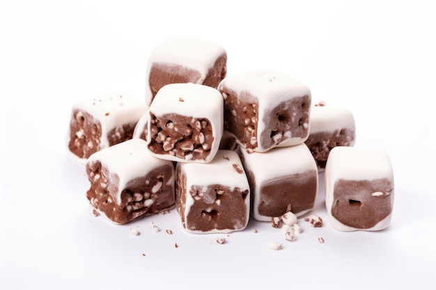 Marshmallow coberto de chocolate em fundo branco