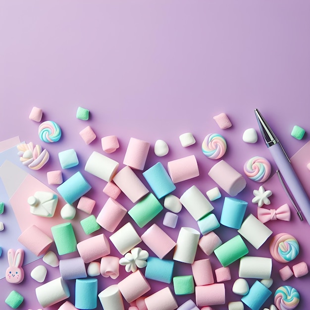 Un marshmallow de colores sobre un fondo de papel violeta