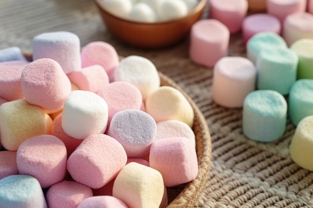 marshmallow colorido na mesa da cozinha publicidade profissional fotografia de alimentos