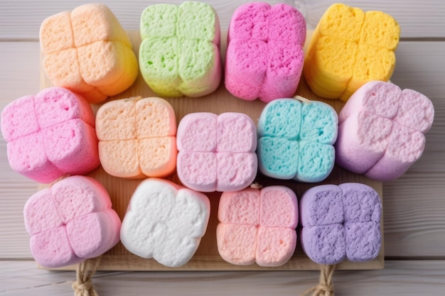 marshmallow colorido na mesa da cozinha publicidade profissional fotografia de alimentos