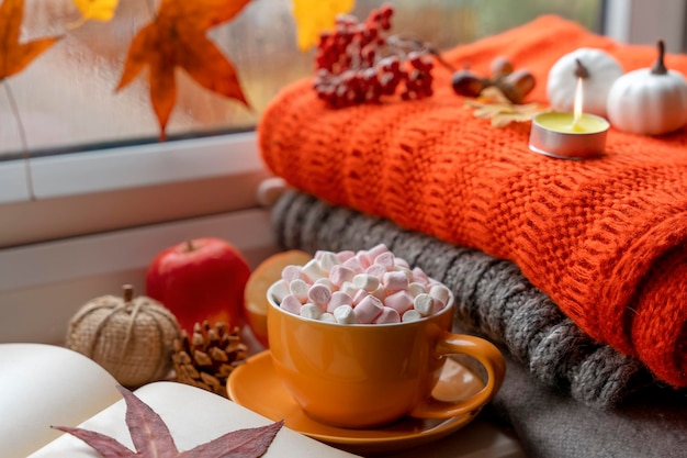 Marshmallow Cup auf Herbstlaub mit orangefarbenem Schal eine Kerze ein Kegel Eicheln Notizbuch Kürbisäpfel