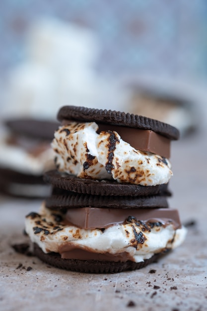 Foto marshmallow de sobremesa derretido com biscoitos de chocolate