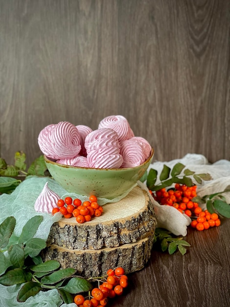 marshmallow rosa feito à mão em uma tigela de porcelana verde ao lado de galhos de rowan em um fundo escuro