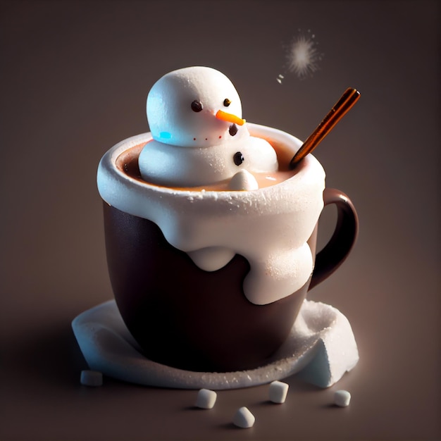 Marshmallow-Schneemann in einer Tasse heißen Kakao Illustration Generative KI