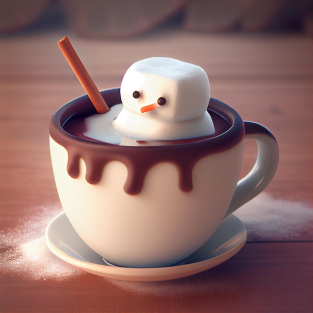 Marshmallow-Schneemann in einer Tasse heißen Kakao Illustration Generative KI