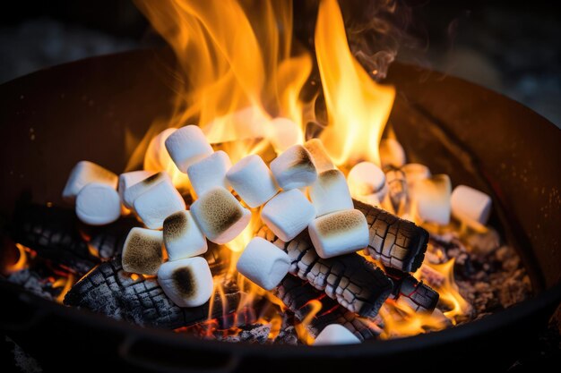 Foto marshmallows assados em uma pequena fogueira para fazer smores