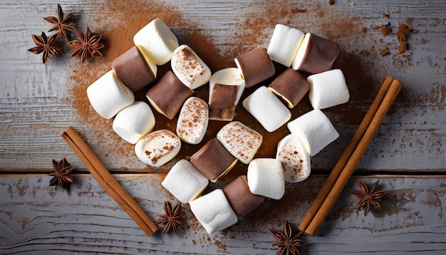 Marshmallows blancos y esponjosos con chocolate y canela en forma de corazón Concepto cálido y acogedor de invierno