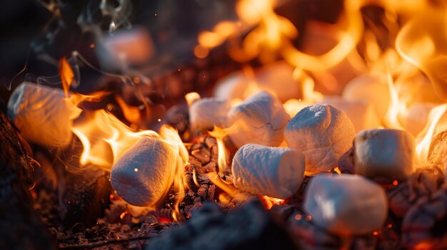 Marshmallows castanhos dourados lentamente girando sobre as chamas de uma fogueira aberta