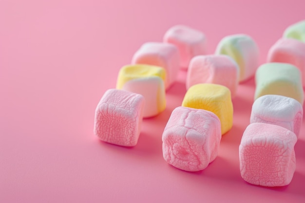 Marshmallows de frutas a granel em fundo rosa de perto com espaço de cópia