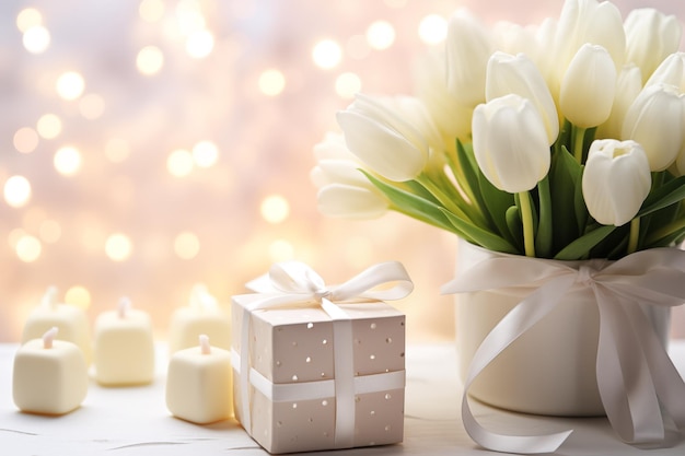 Marshmallows e presentes de dia branco bouquet de tulipas brancas e caixas de presentes