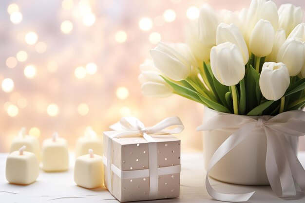 Foto marshmallows y regalos de día blanco ramo de tulipanes blancos y cajas de regalos