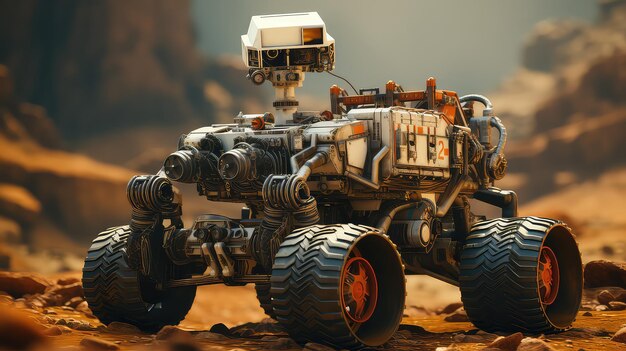 Marsrover erkundet das rote Marsgelände mit CGI-Umgebungslicht