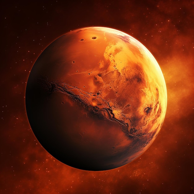Marte em tamanho real, com superfície vermelha enferrujada iluminada por um único holofote contra um fundo profundo